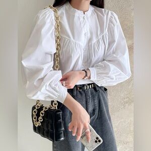Bishop Sleeve Button Front Blouse Pearl White 🤍